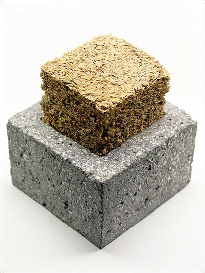 Betonbaustein aus rezyklierten Zuschlagstoffen und Reishülsenasche mit einer Reisstrohdämmung 