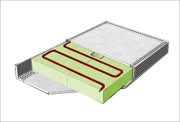 Schematischer Aufbau des Trocknungsmoduls: Der Heizdraht ist in unbrennbare Mineralwolle eingebettet. Der entstehende Wasserdampf kann durch das diffussionsoffene Material nach außen entweichen. (© Fraunhofer) 